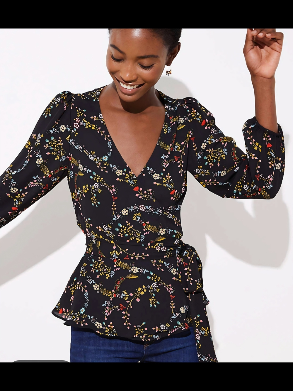 LOFT Flower Garland Black Floral Wrap Blouse Peplum Top Small